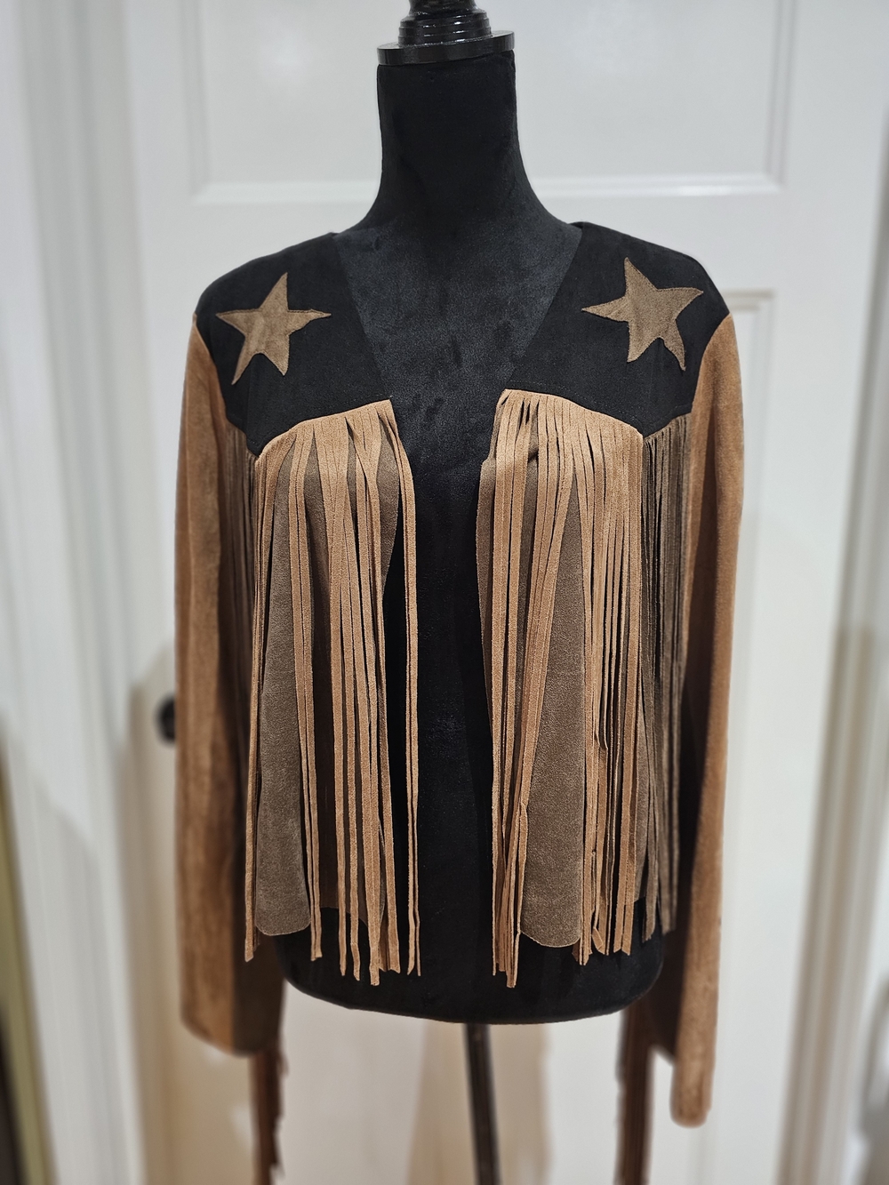 Fringed Faux Suede Star Western Jacket - Brown & Black. NWOT